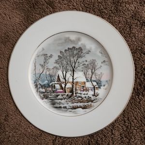 Avon 1981 Fine Porcelain Plate Currie and Ives Winter Scene, Salad/ Dessert